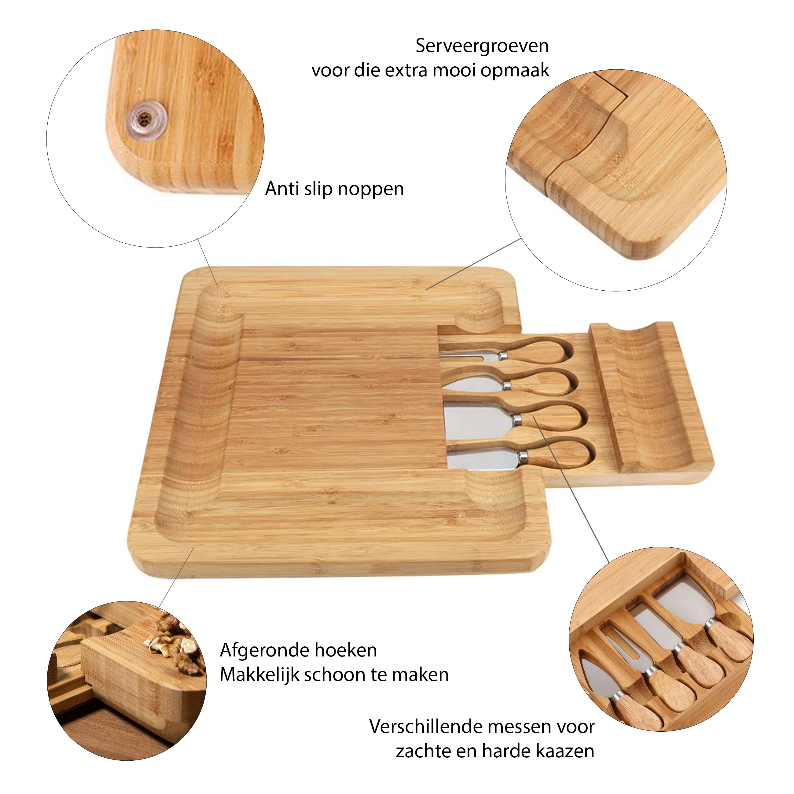 Tapasplank / Kaasplank met messenset 4delig hout Kadotopper